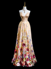 A-Line V Neck Tulle Lace Champagne Long Prom Dress, Champagne Formal Dress