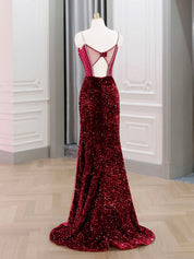 Sheath/Column Red Sweetheart Floor-Length Velvet Sequin Prom Dress with Sheer Side Train