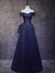 A-Line Off-the-Shoulder Floor-Length Navy Tulle Lace Prom Dress with Beaded Fringe Appliqué