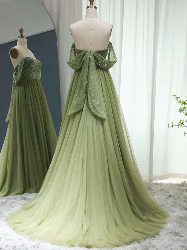 A-Line Off Shoulder Tulle Sequin Green Long Prom Dress with Zipper Back