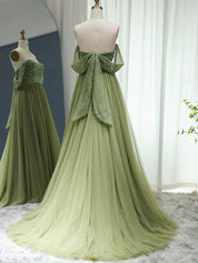 A-Line Off Shoulder Tulle Sequin Green Long Prom Dress with Zipper Back