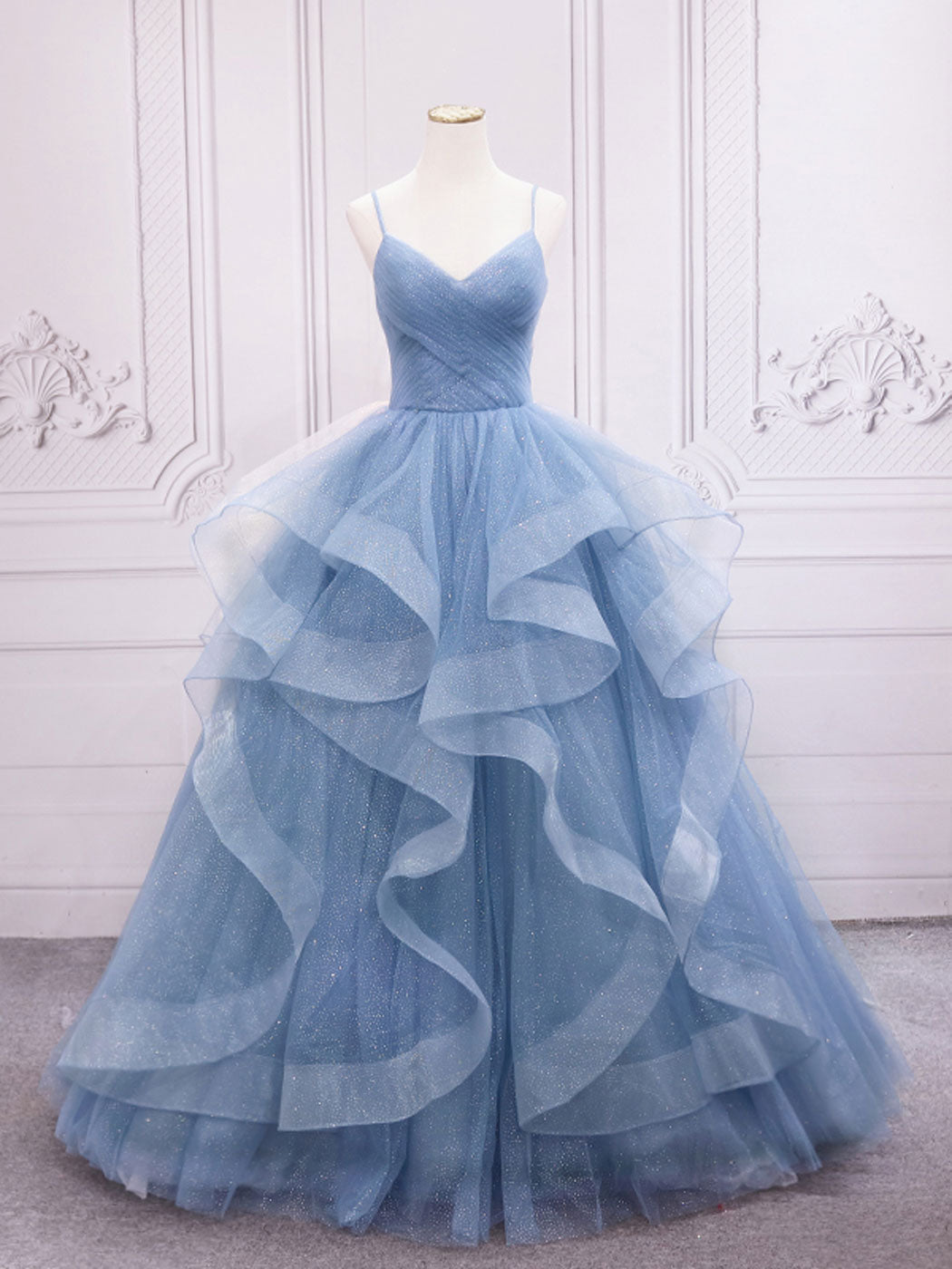 Blue A-Line V Neck Floor-Length Tulle Prom Dress with Tiered Ruffle Skirt