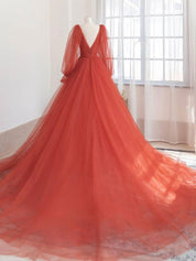 A-Line V-Neck Floor-Length Light Blue Tulle Prom Dress with Long Sheer Sleeves