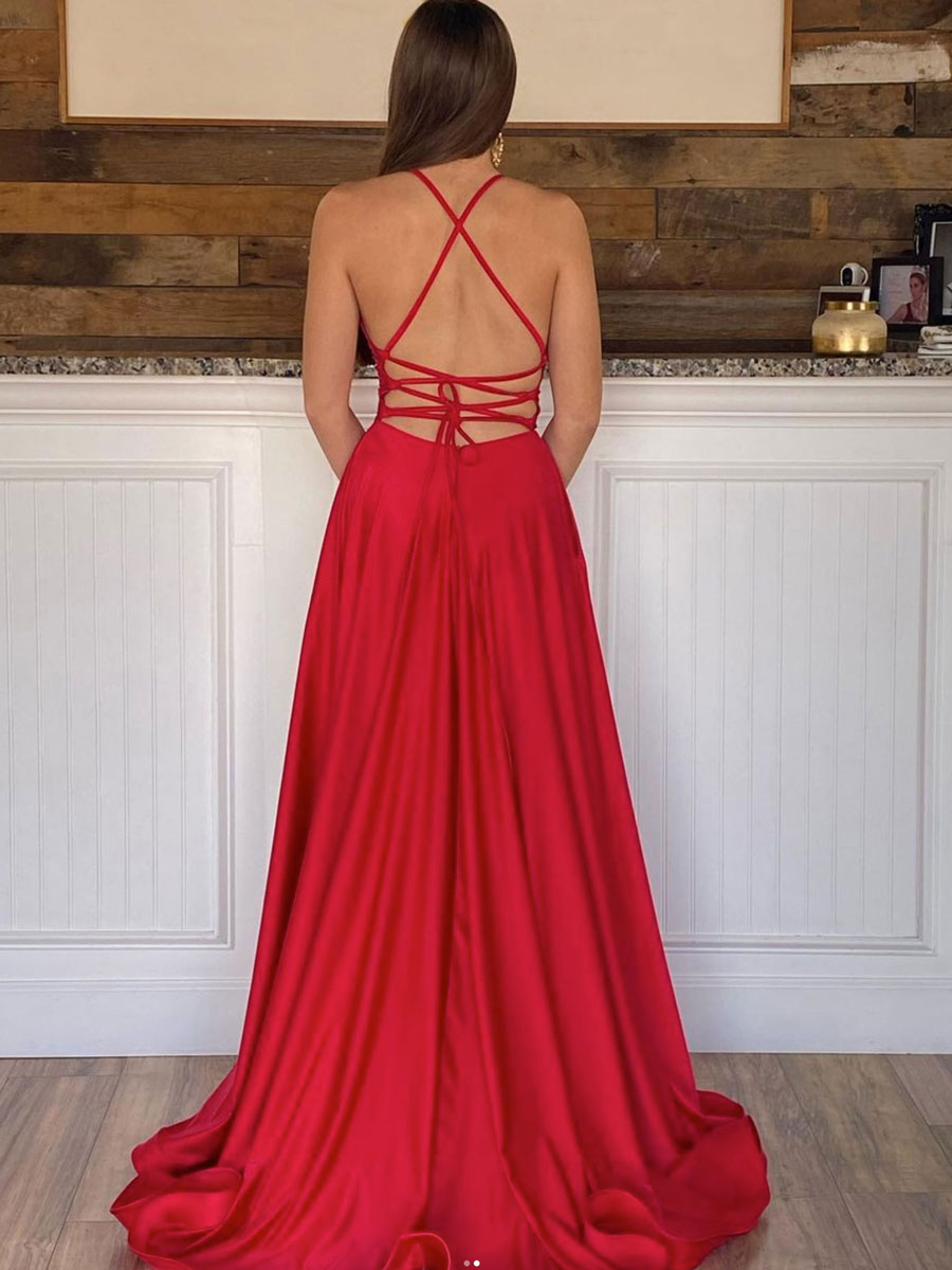 Red A-Line V Neck Floor-Length Satin Prom Dress with High Slit