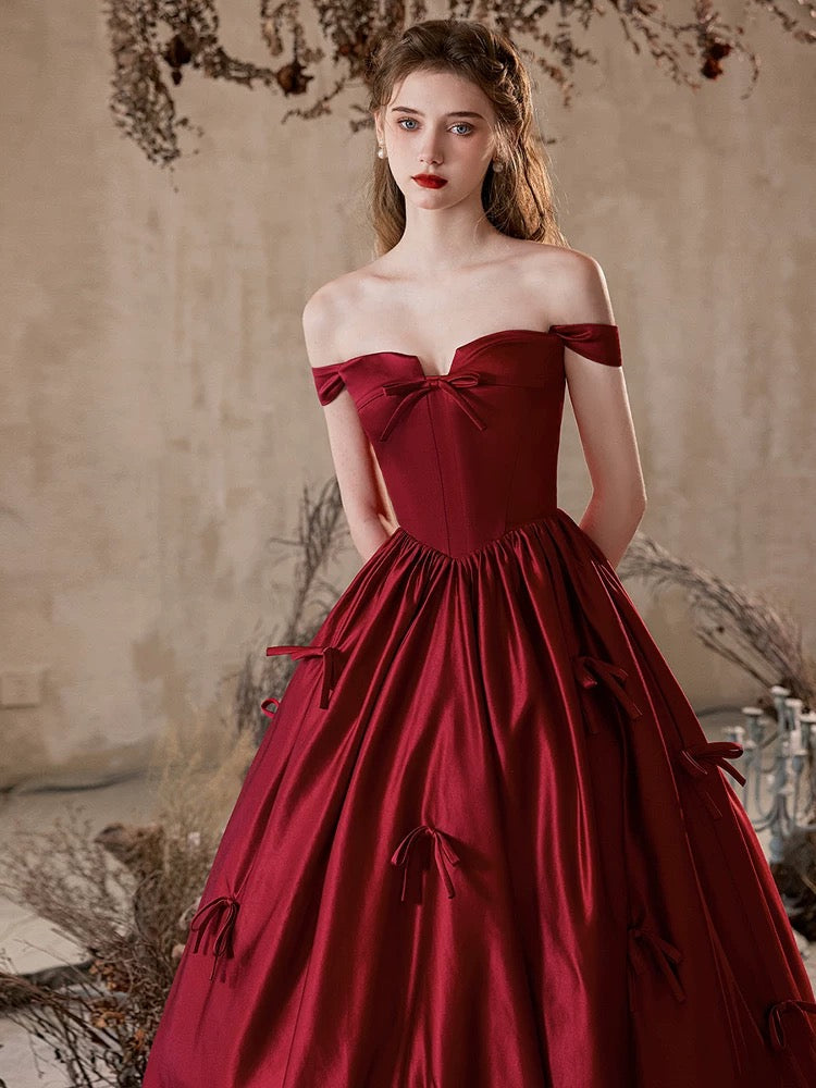 A-Line Off Shoulder Satin Burgundy Long Prom Dress, Burgundy Formal Dress
