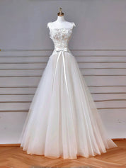 Ivory A-Line Square Neck Floor-Length Tulle Prom Dress with Lace Bodice & Ribbon Waist