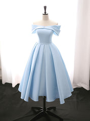 A-Line Off Shoulder Satin Tea Length Blue Prom Dress, Blue Formal Dress