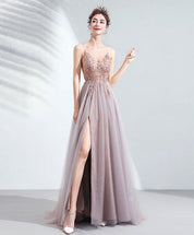 A-line V Neck Floor-Length Tulle Sequin Beaded Prom Dress with High Slit