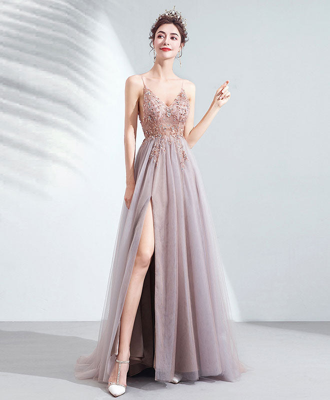 A-line V Neck Floor-Length Tulle Sequin Beaded Prom Dress with High Slit