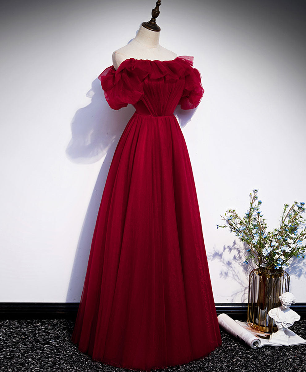 A-Line Burgundy Off-the-Shoulder Floor-Length Tulle Prom Dress with Puffy Sleeves