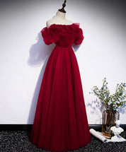 A-Line Burgundy Off-the-Shoulder Floor-Length Tulle Prom Dress with Puffy Sleeves