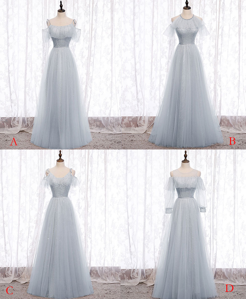 A-Line Light Blue Illusion High Neck Floor-Length Tulle Prom Dress with Beaded Bodice and Flutter Sleeves