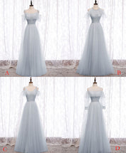 A-Line Light Blue Illusion High Neck Floor-Length Tulle Prom Dress with Beaded Bodice and Flutter Sleeves