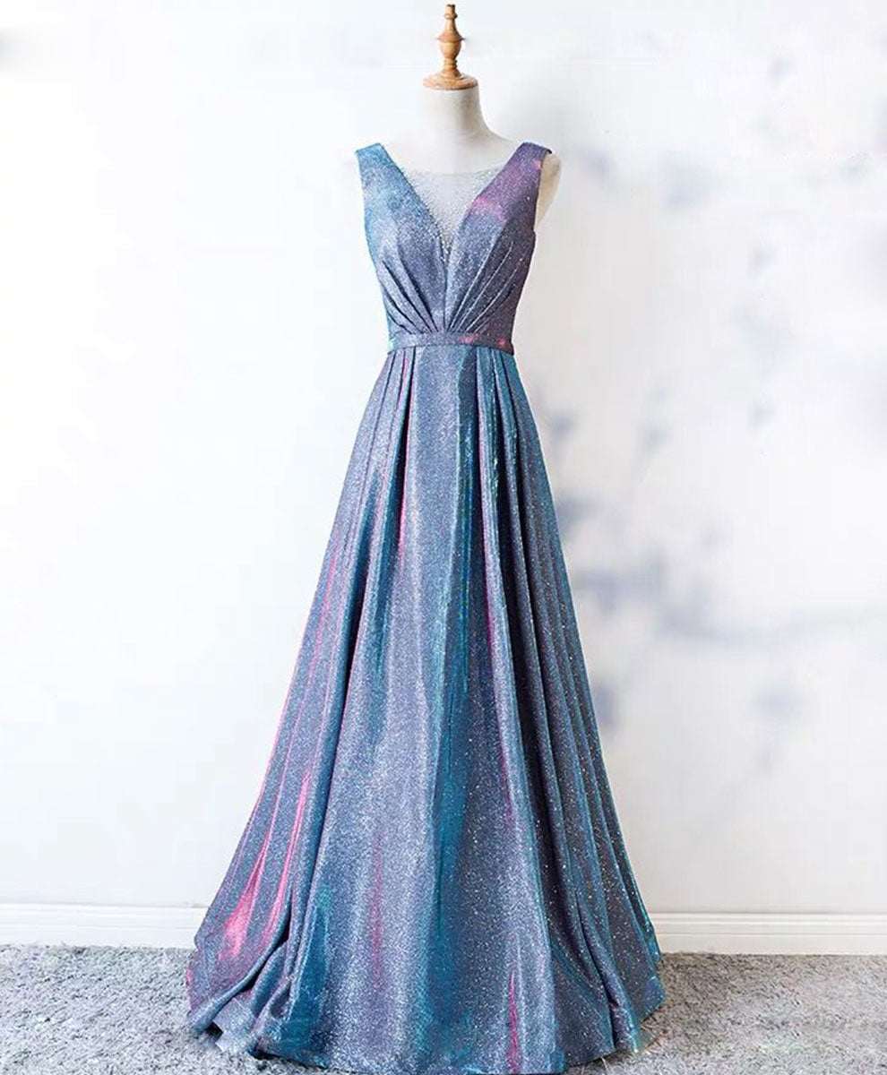 A-Line V-Neck Floor-Length Blue Iridescent Shimmer Prom Dress with Pleated Bodice