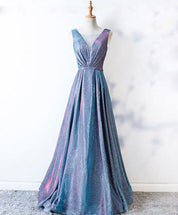 A-Line V-Neck Floor-Length Blue Iridescent Shimmer Prom Dress with Pleated Bodice