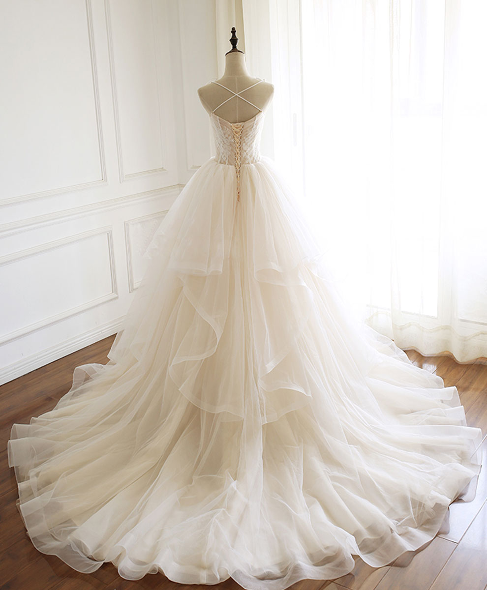 Ball Gown Sweetheart Neck Floor-Length Ivory Tulle and Lace Prom Dress with Tiered Ruffle Skirt
