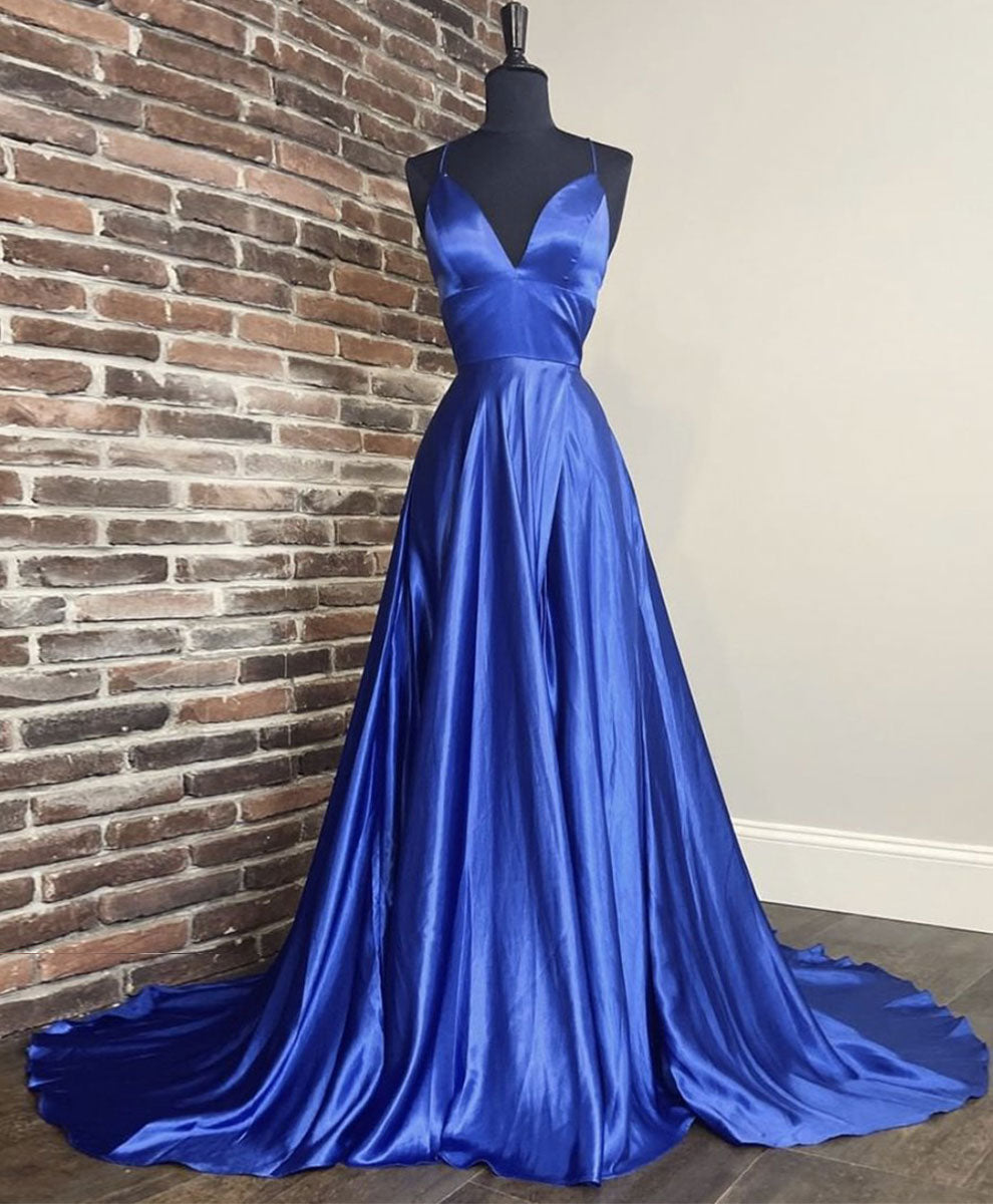 A-Line V-Neck Floor-Length Royal Blue Satin Prom Dress with Elegant Draped Skirt