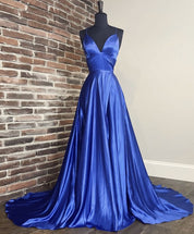 A-Line V-Neck Floor-Length Royal Blue Satin Prom Dress with Elegant Draped Skirt