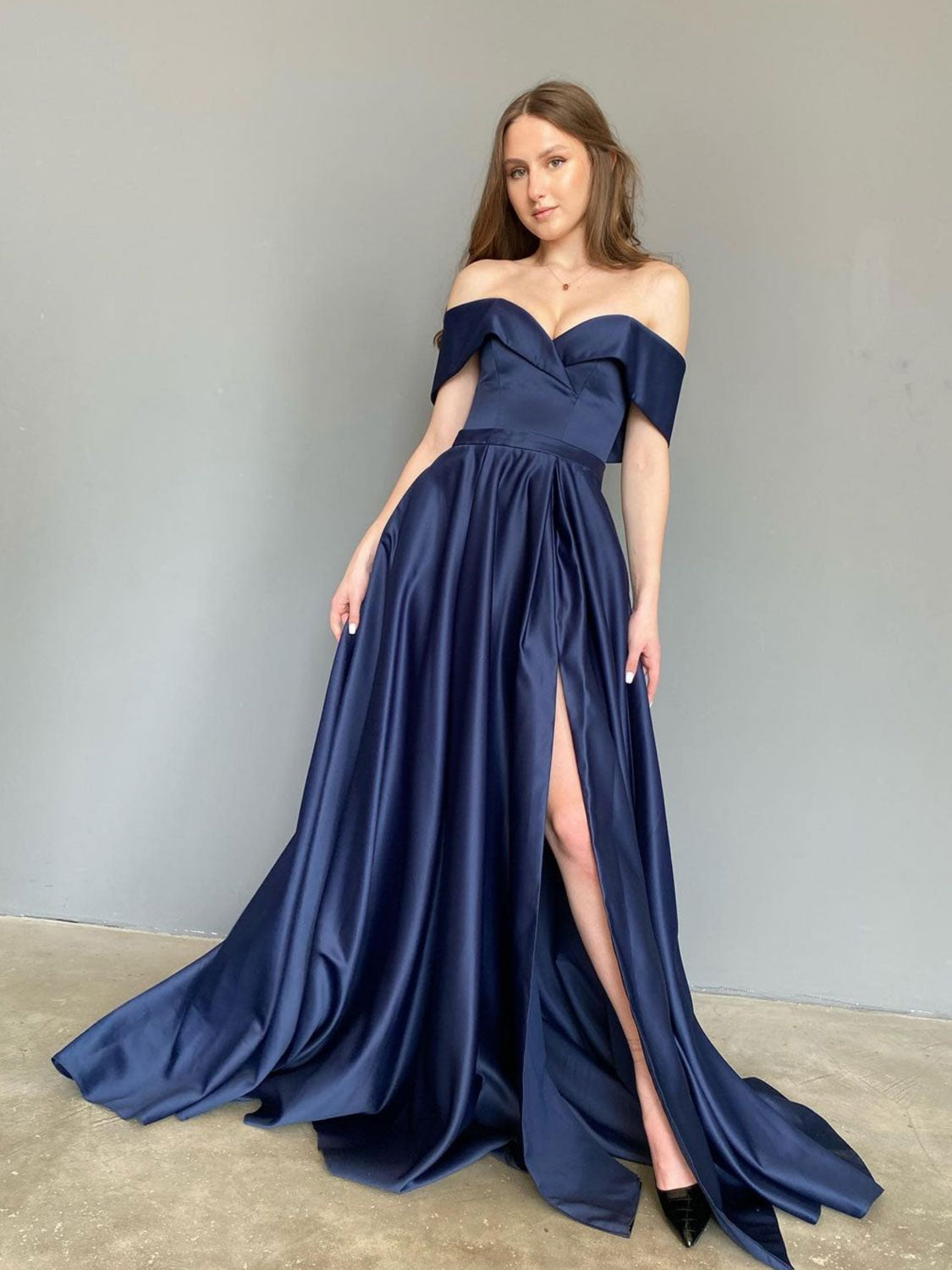 A-Line Off-the-Shoulder Floor-Length Navy Blue Satin Prom Dress with High Slit