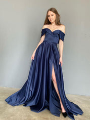 A-Line Off-the-Shoulder Floor-Length Navy Blue Satin Prom Dress with High Slit
