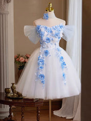 Off-Shoulder White Tulle Homecoming Dress with Blue 3D Floral Appliqués