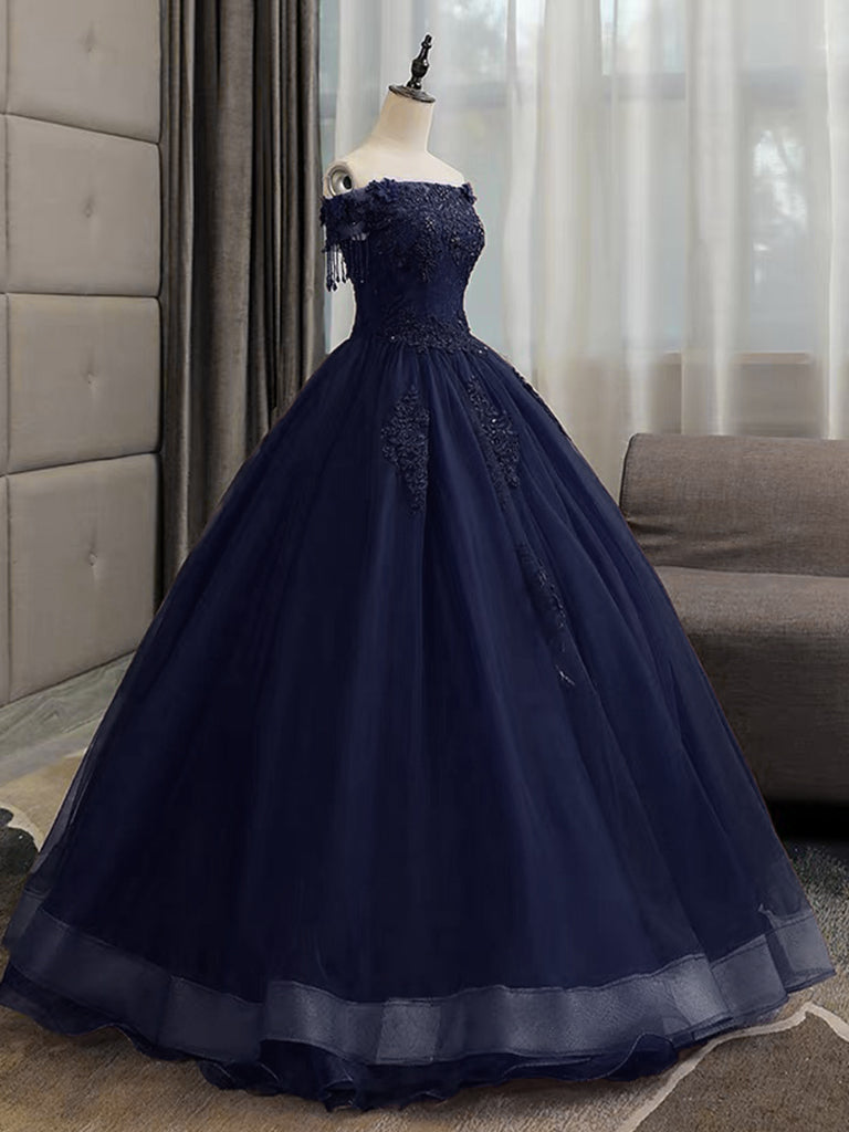 A-Line Tulle Lace Dark Blue Long Prom Dress, Dark Blue Long Sweet 16 Dress
