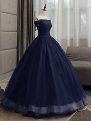 A-Line Tulle Lace Dark Blue Long Prom Dress, Dark Blue Long Sweet 16 Dress