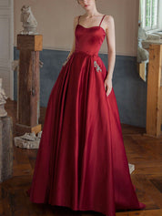 Burgundy A-Line Sweetheart Floor-Length Satin Prom Dress with Beaded Pocket Detail