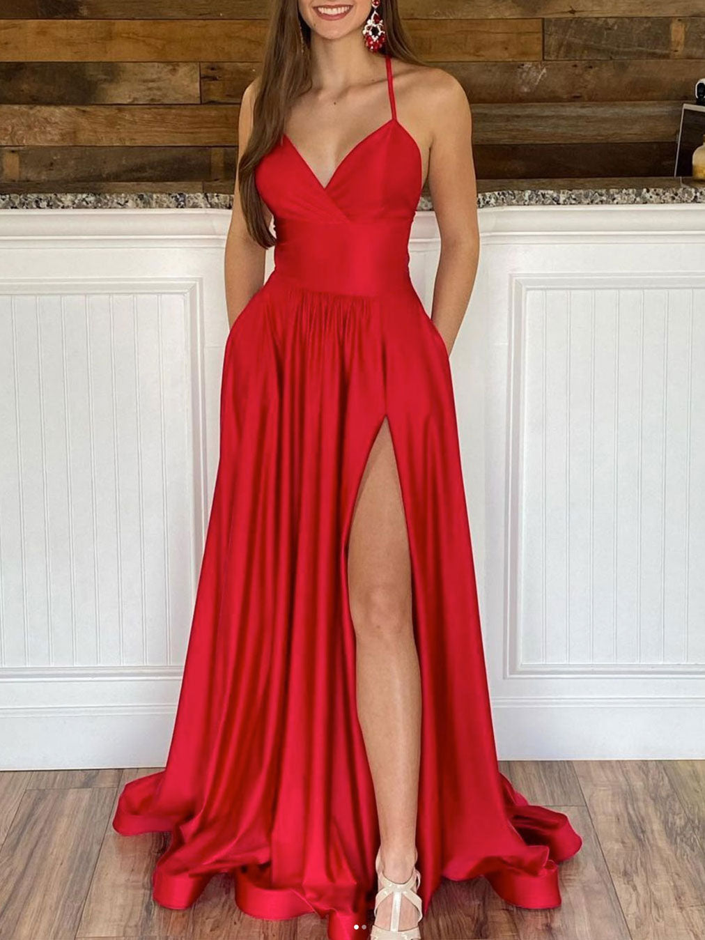 Red A-Line V Neck Floor-Length Satin Prom Dress with High Slit