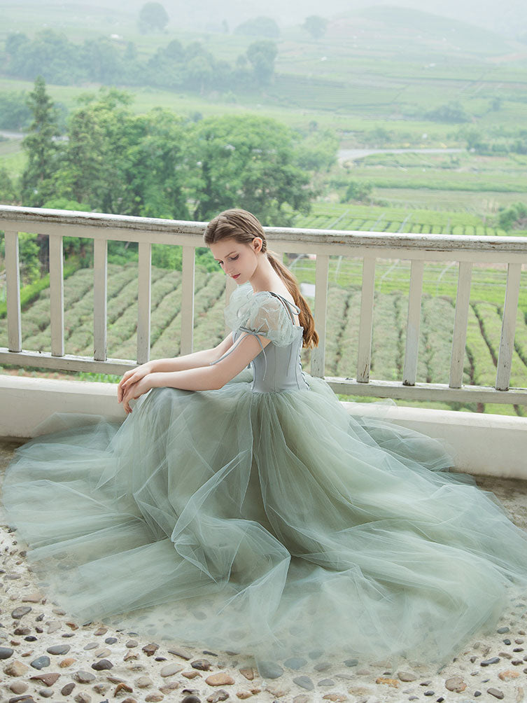 A-Line Square Neck Floor-Length Sage Green Tulle Prom Dress with Puff Sleeves