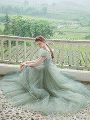 A-Line Square Neck Floor-Length Sage Green Tulle Prom Dress with Puff Sleeves
