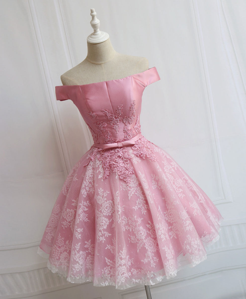 A-Line Pink Off-the-Shoulder Knee-Length Tulle Lace Homecoming Dress with Floral Appliqué