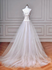 Ivory A-Line Square Neck Floor-Length Tulle Prom Dress with Lace Bodice & Ribbon Waist