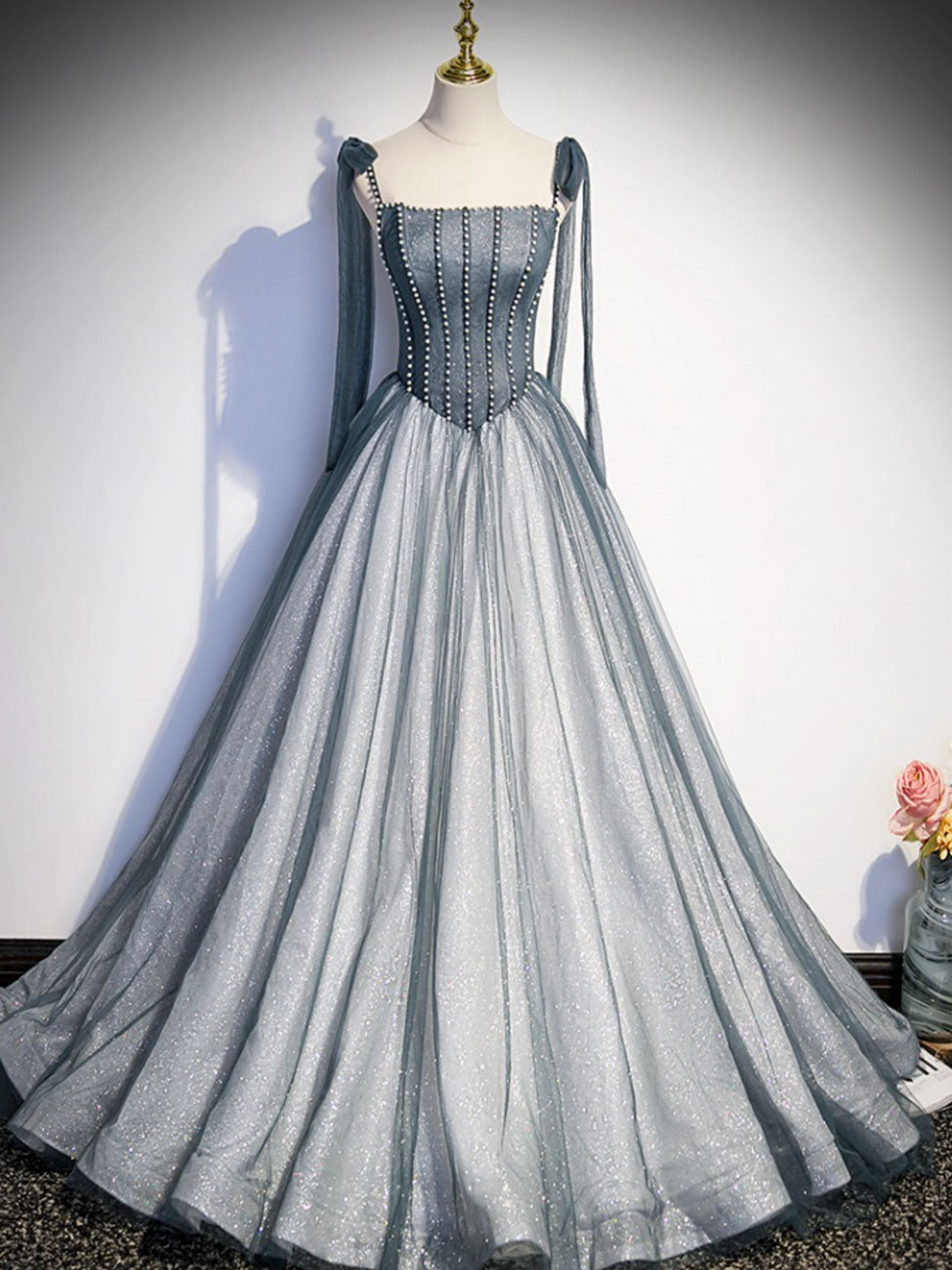 A-Line Dusty Blue Square Neck Floor-Length Tulle Prom Dress with Beaded Corset Bodice