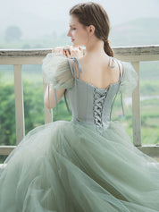 A-Line Square Neck Floor-Length Sage Green Tulle Prom Dress with Puff Sleeves