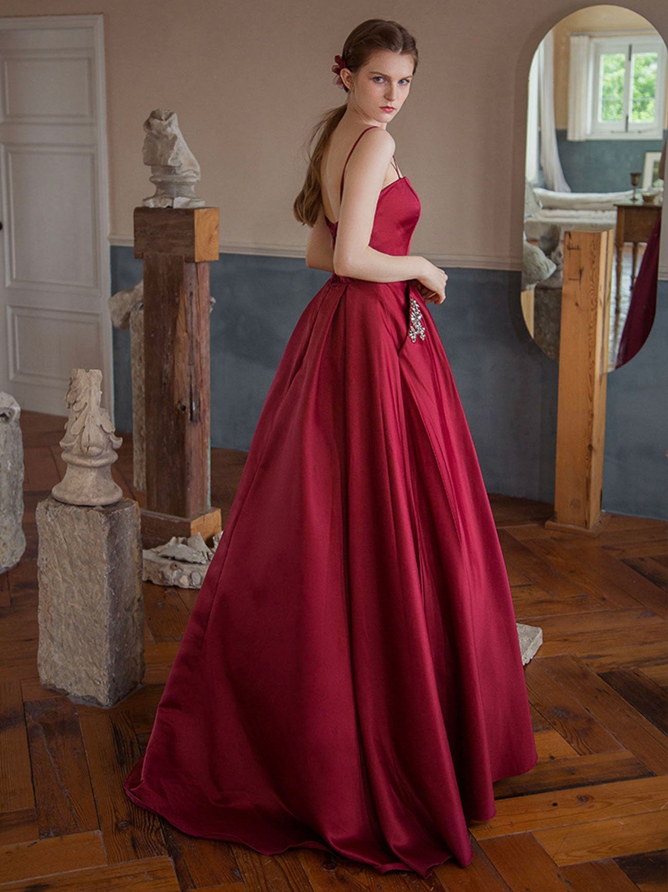 Burgundy A-Line Sweetheart Floor-Length Satin Prom Dress with Beaded Pocket Detail