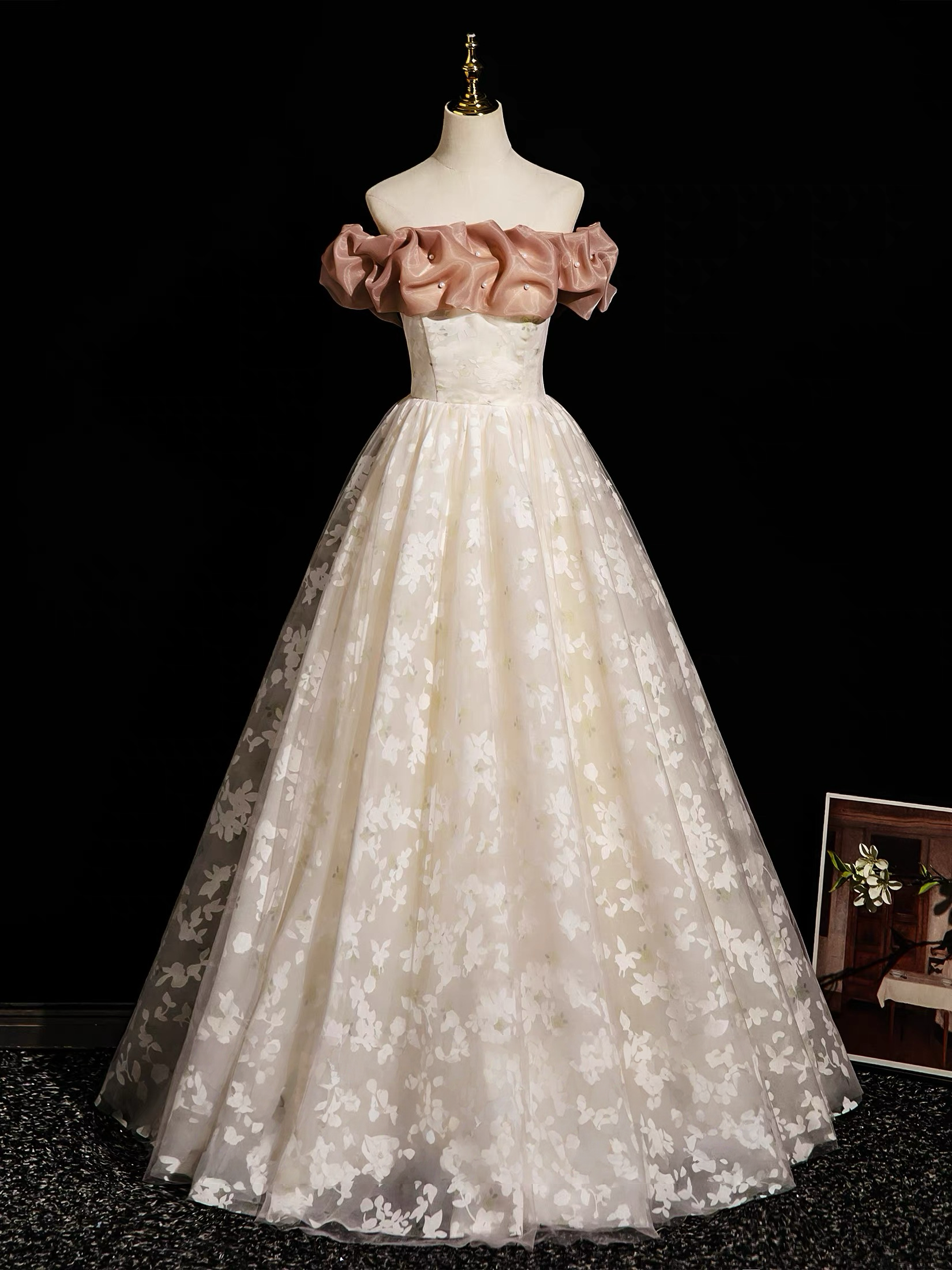 A-Line Off Shoulder Tulle Lace Champagne Long Prom Dress with Lace-Up Back