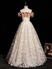 A-Line Off Shoulder Tulle Lace Champagne Long Prom Dress with Lace-Up Back