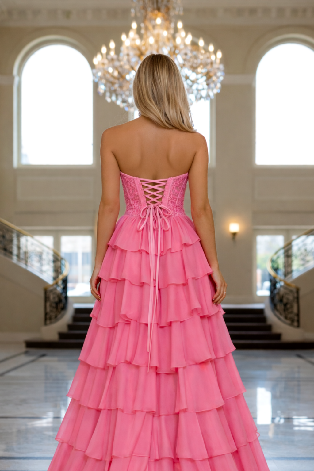 A-Line Sweetheart Floor-Length Hot Pink Chiffon Tiered Ruffle Prom Dress