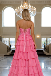 A-Line Sweetheart Floor-Length Hot Pink Chiffon Tiered Ruffle Prom Dress