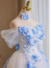Off-Shoulder White Tulle Homecoming Dress with Blue 3D Floral Appliqués