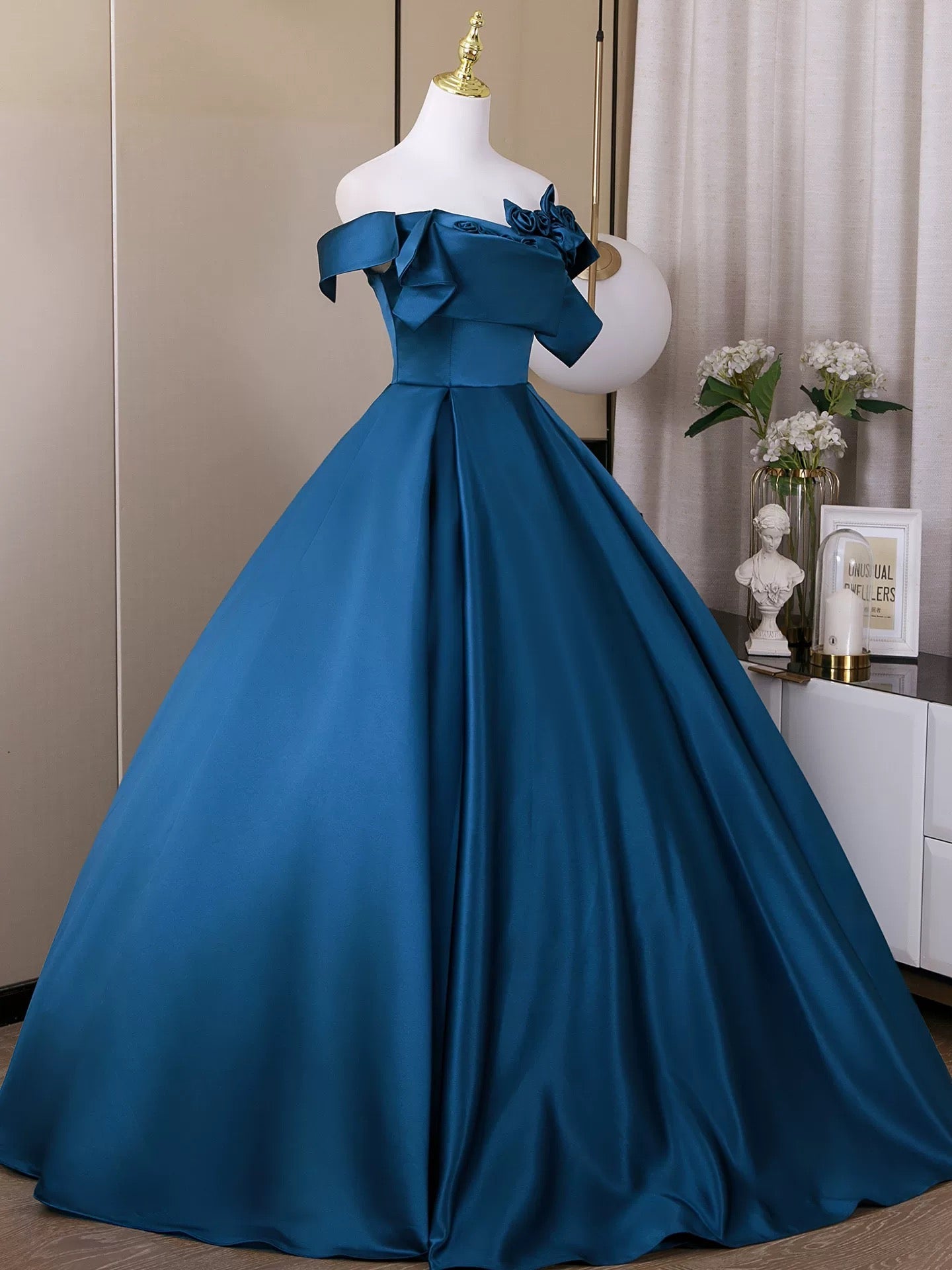 A-Line Satin Blue Long Prom Dress with Elegant Flowing Skirt