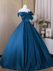 A-Line Satin Blue Long Prom Dress with Elegant Flowing Skirt