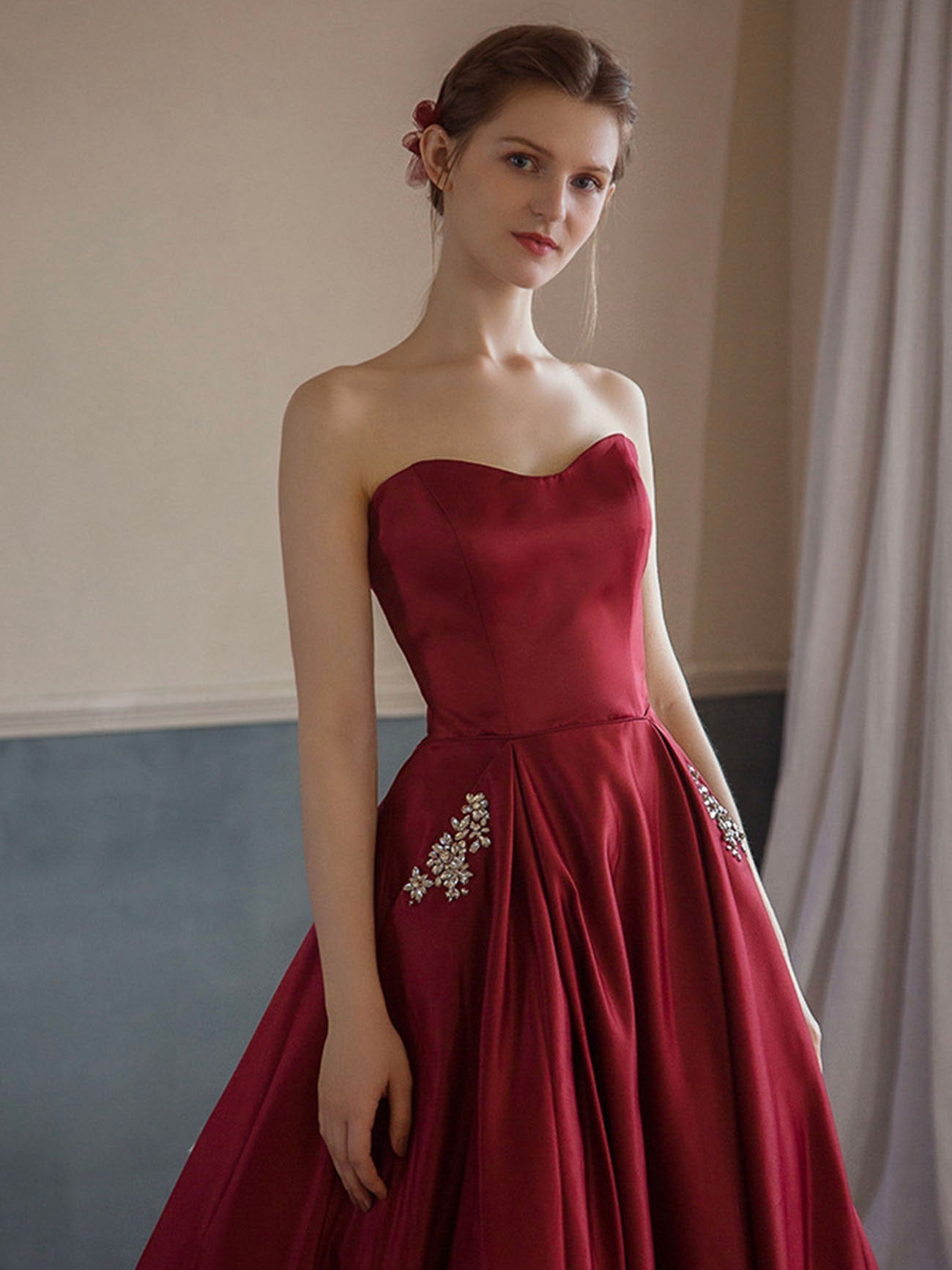Burgundy A-Line Sweetheart Floor-Length Satin Prom Dress with Beaded Pocket Detail