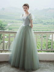 A-Line Square Neck Floor-Length Sage Green Tulle Prom Dress with Puff Sleeves