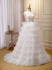 Ball Gown Sweetheart Spaghetti Straps Floor-Length White Tulle Prom Dress with Tiered Ruffle Skirt
