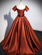 A-Line Off-the-Shoulder Floor-Length Burnt Orange Satin Prom Dress with Contrast Bow Sash