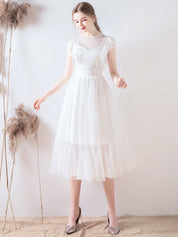 White A-Line Illusion Neck Tea-Length Tulle Prom Dress with Ruffled Lace Overlay