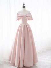A-Line Off-the-Shoulder Floor-Length Blush Satin Prom Dress with Bow Bodice