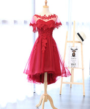 A-line Off-the-Shoulder Lace Appliqué High-Low Tulle Homecoming Dress With Illusion Neckline